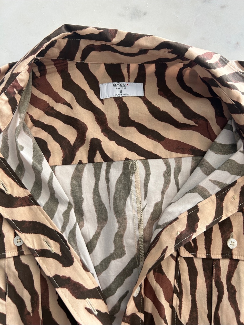 Zebra-Print Button-Front Shirt Dress in Beige and Brown